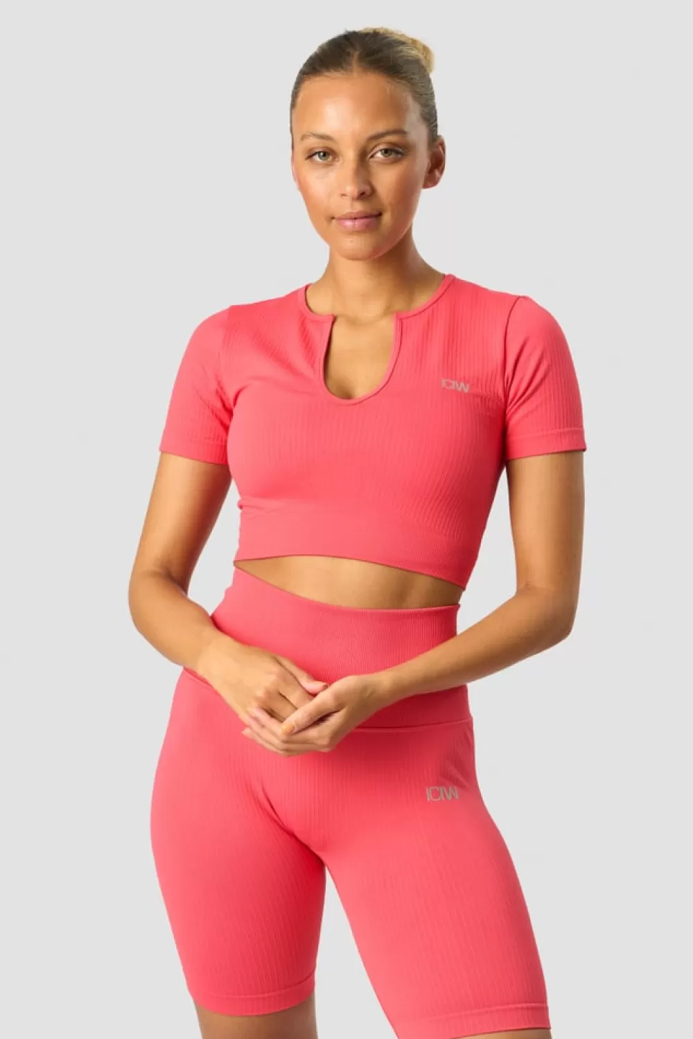 Women ICIW Ribbed Define Seamless Cropped T-shirt Coral Red